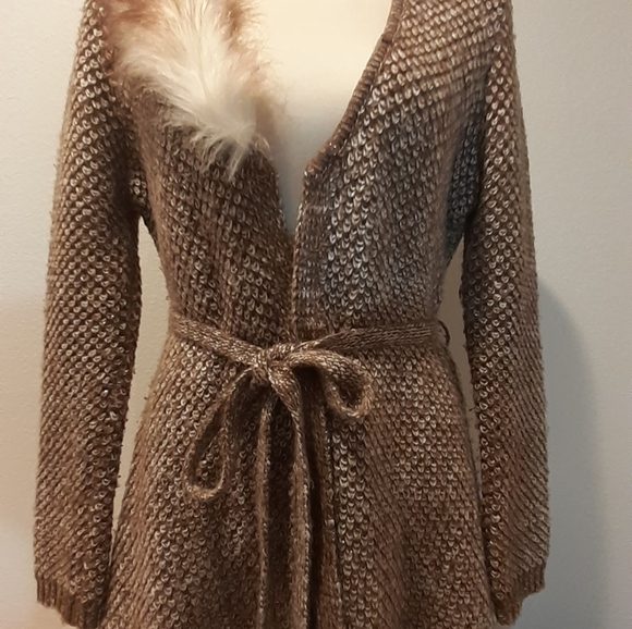 OONA & MAUD FAUX FUR NECK LONG CARDIGAN J867 - Picture 3 of 8
